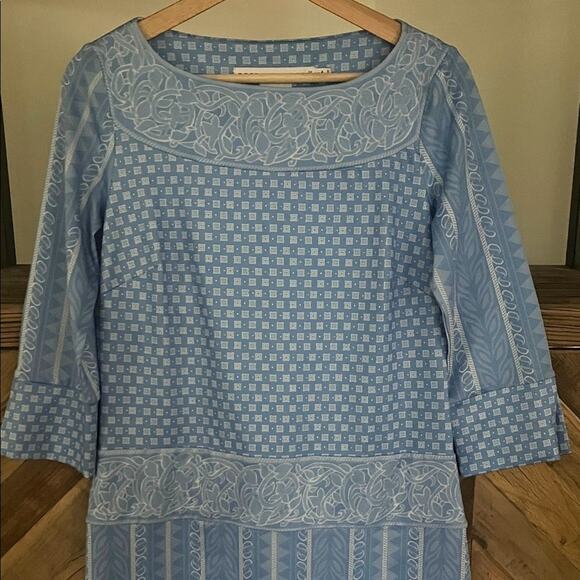 Gretchen Scott Designs Jersey Border Blue Kanga Long Sleeve Dress Sz S - Picture 2 of 6